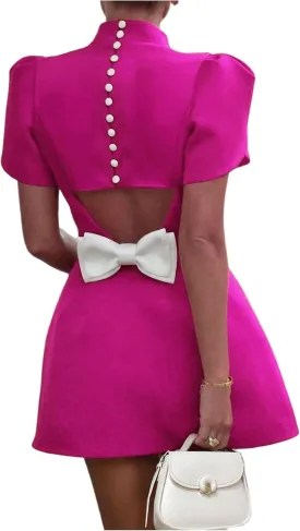 SOLY HUX Women's Mini Dress Cut Out Bow Mock Neck Puff Short Sleeve A Line Party Dresses