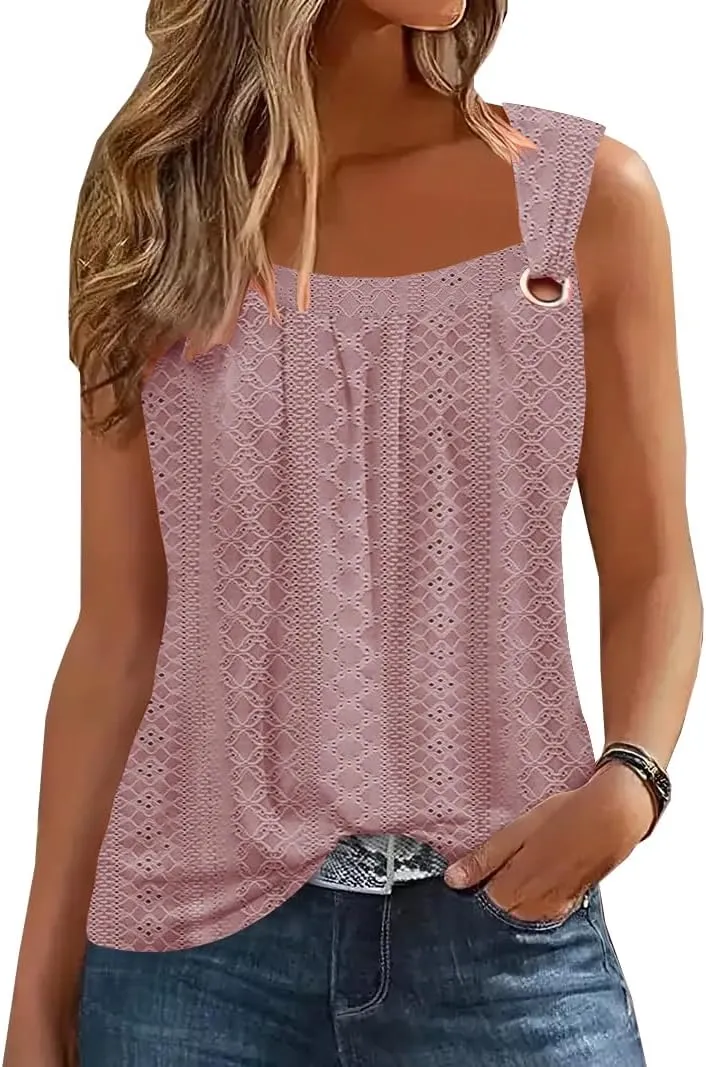 Summer Tank Tops for Women Pleated Square Neck O Ring Shoulder Sleeveless Shirts Casual Loose Fit Trendy Blouses