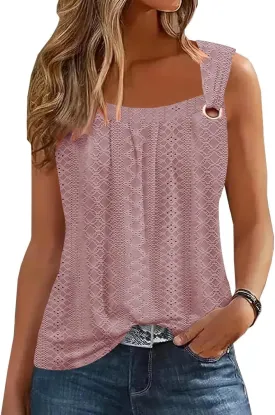 Summer Tank Tops for Women Pleated Square Neck O Ring Shoulder Sleeveless Shirts Casual Loose Fit Trendy Blouses