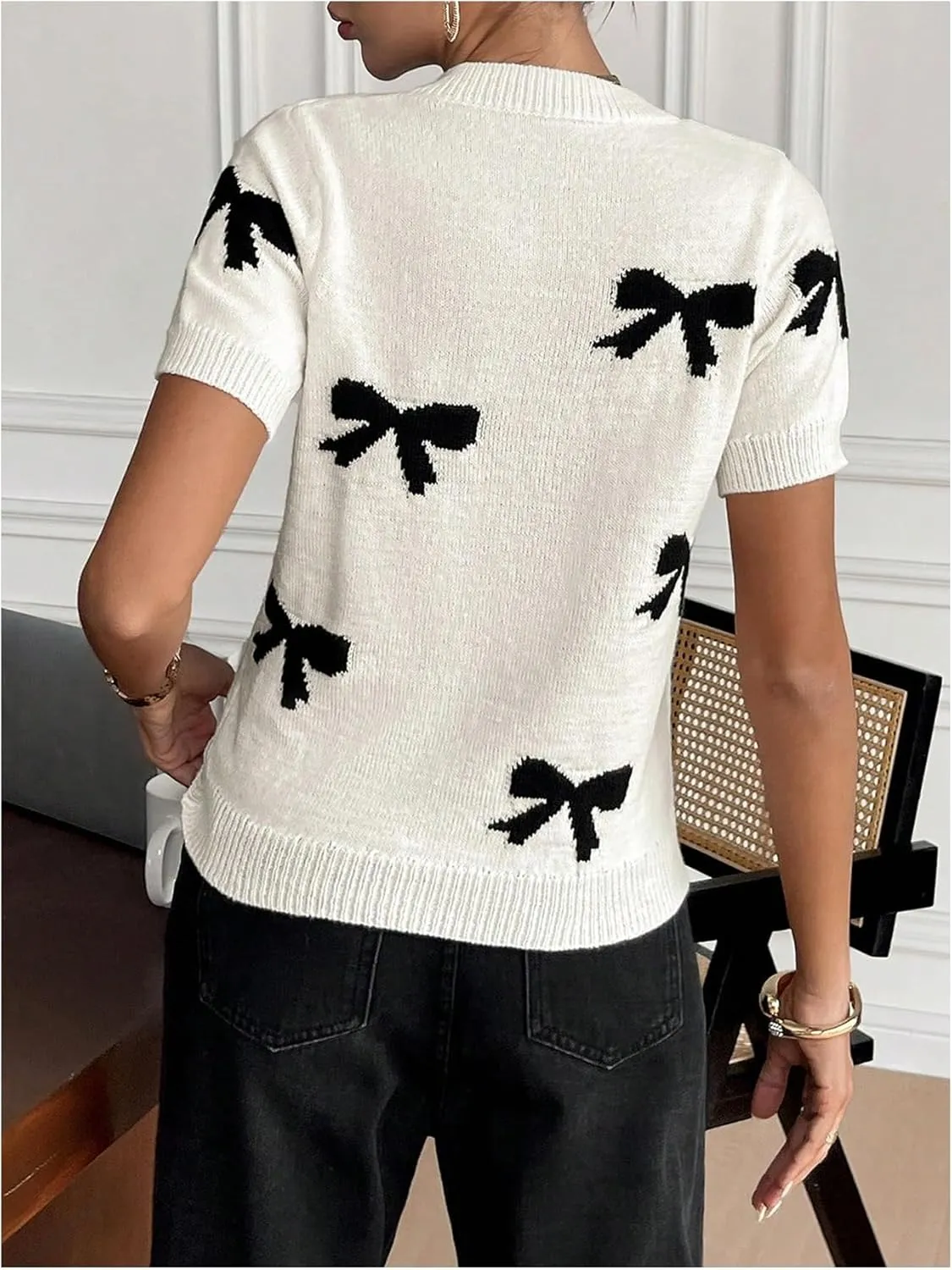 Women's Bow Print Short Sleeve Sweater Crew Neck Cute Fashion Y2k Knit Tops