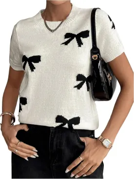 Women's Bow Print Short Sleeve Sweater Crew Neck Cute Fashion Y2k Knit Tops