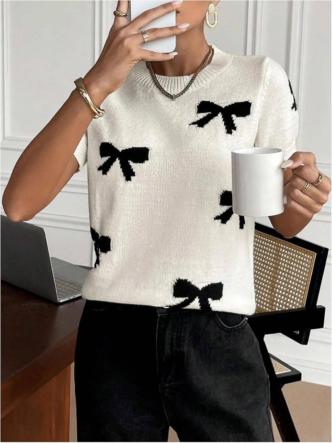 Women's Bow Print Short Sleeve Sweater Crew Neck Cute Fashion Y2k Knit Tops