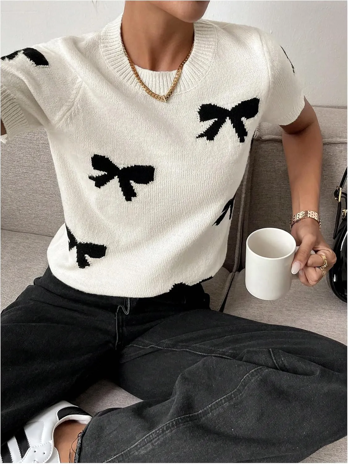 Women's Bow Print Short Sleeve Sweater Crew Neck Cute Fashion Y2k Knit Tops