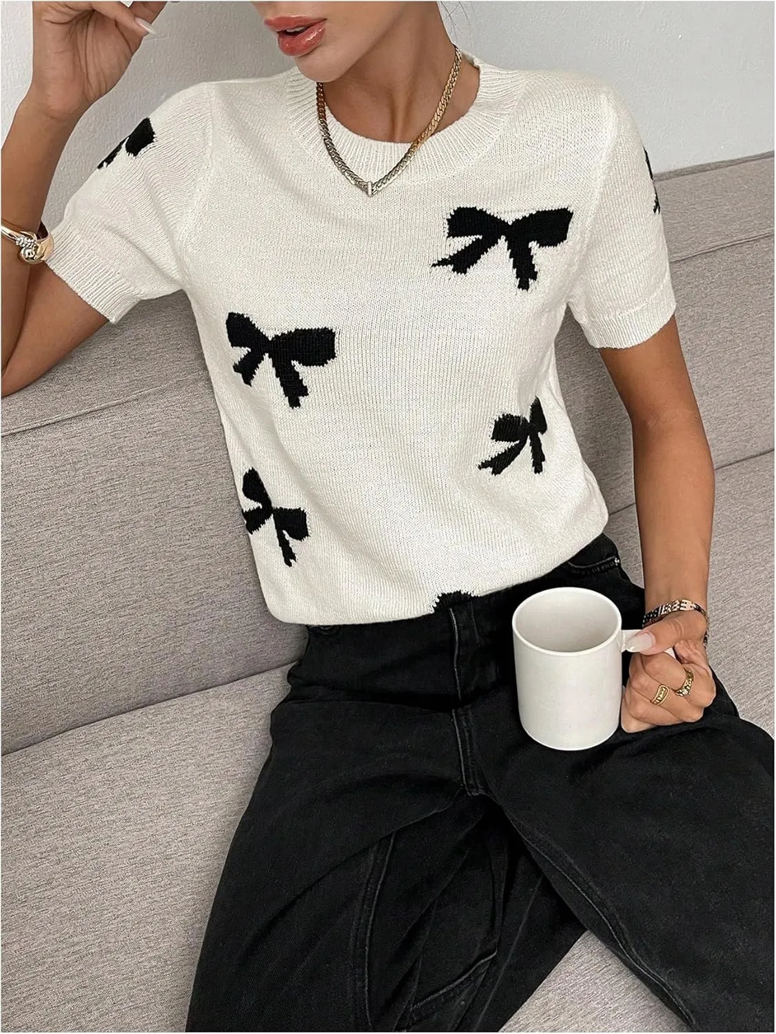 Women's Bow Print Short Sleeve Sweater Crew Neck Cute Fashion Y2k Knit Tops