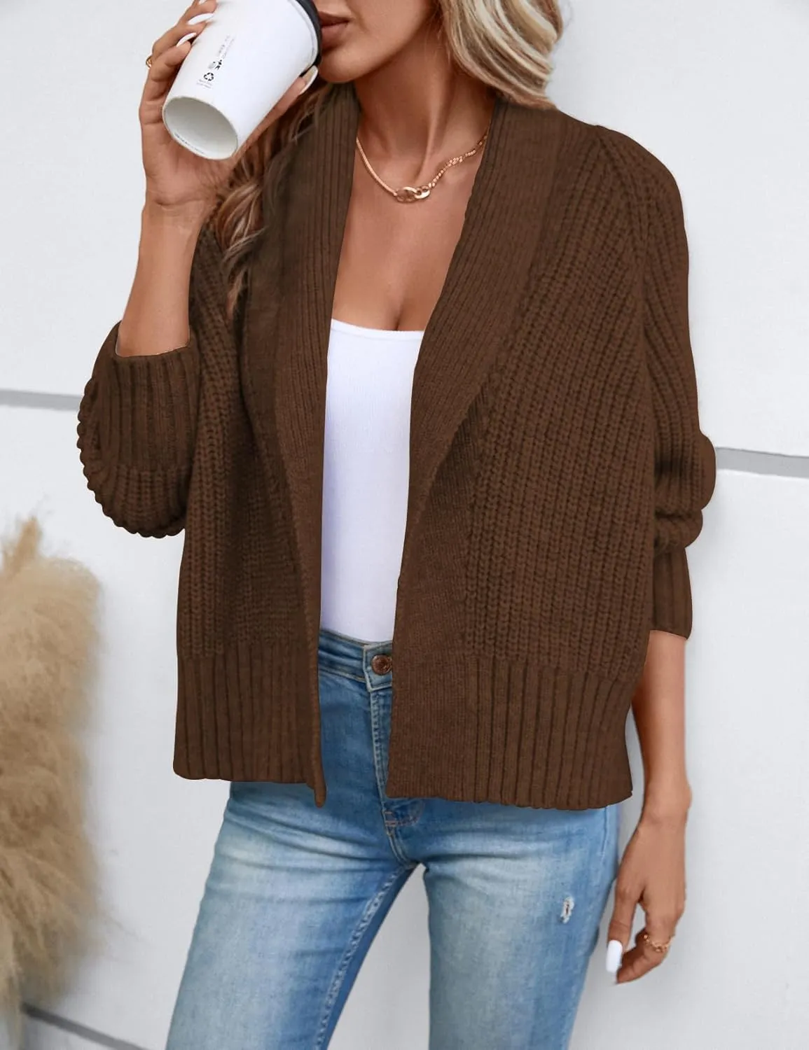 Women's Cardigan Sweaters Fall Winter Open Front Batwing Long Sleeve Shawl Neck Chunky Knit Loose Outwear Coats