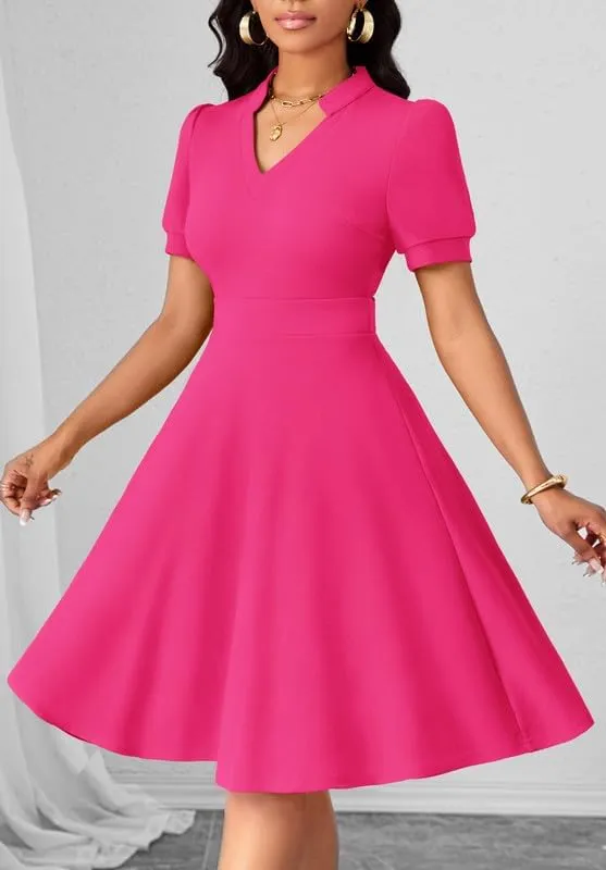 Womens Casual Summer Dresses Short Puff Sleeve V Neck A Line Wedding Guest Midi Dresses with Pockets