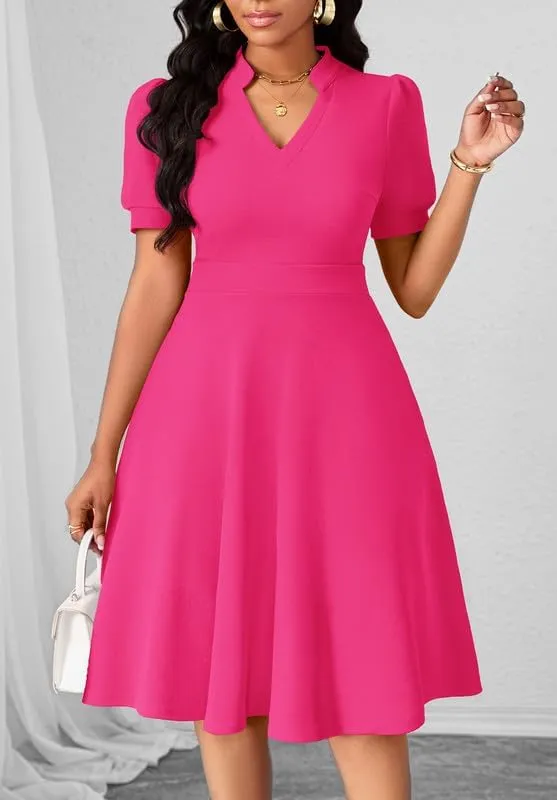 Womens Casual Summer Dresses Short Puff Sleeve V Neck A Line Wedding Guest Midi Dresses with Pockets