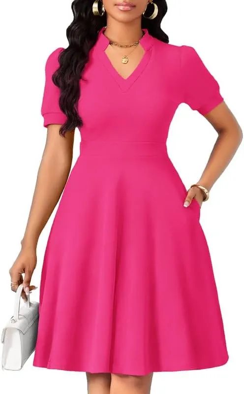 Womens Casual Summer Dresses Short Puff Sleeve V Neck A Line Wedding Guest Midi Dresses with Pockets