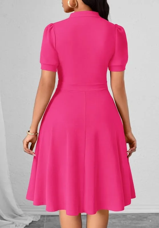 Womens Casual Summer Dresses Short Puff Sleeve V Neck A Line Wedding Guest Midi Dresses with Pockets