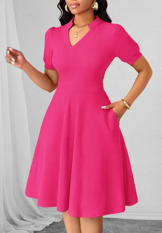 Womens Casual Summer Dresses Short Puff Sleeve V Neck A Line Wedding Guest Midi Dresses with Pockets