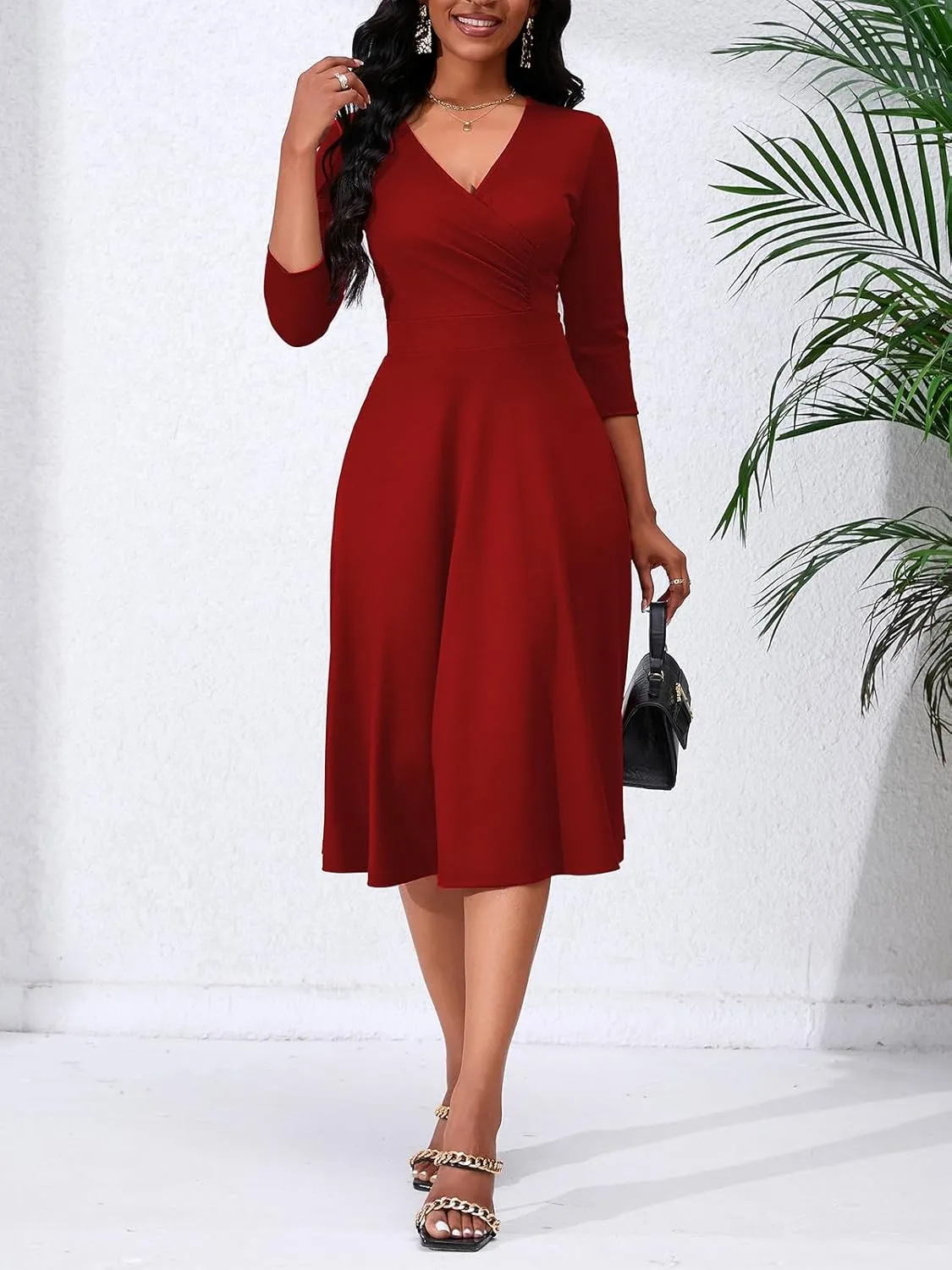 Women's Casual Wrap Flared Midi Dress - A-Line Swing V-Neck 3/4 Sleeve Dress for Wedding Guest & Cocktail Tea Party