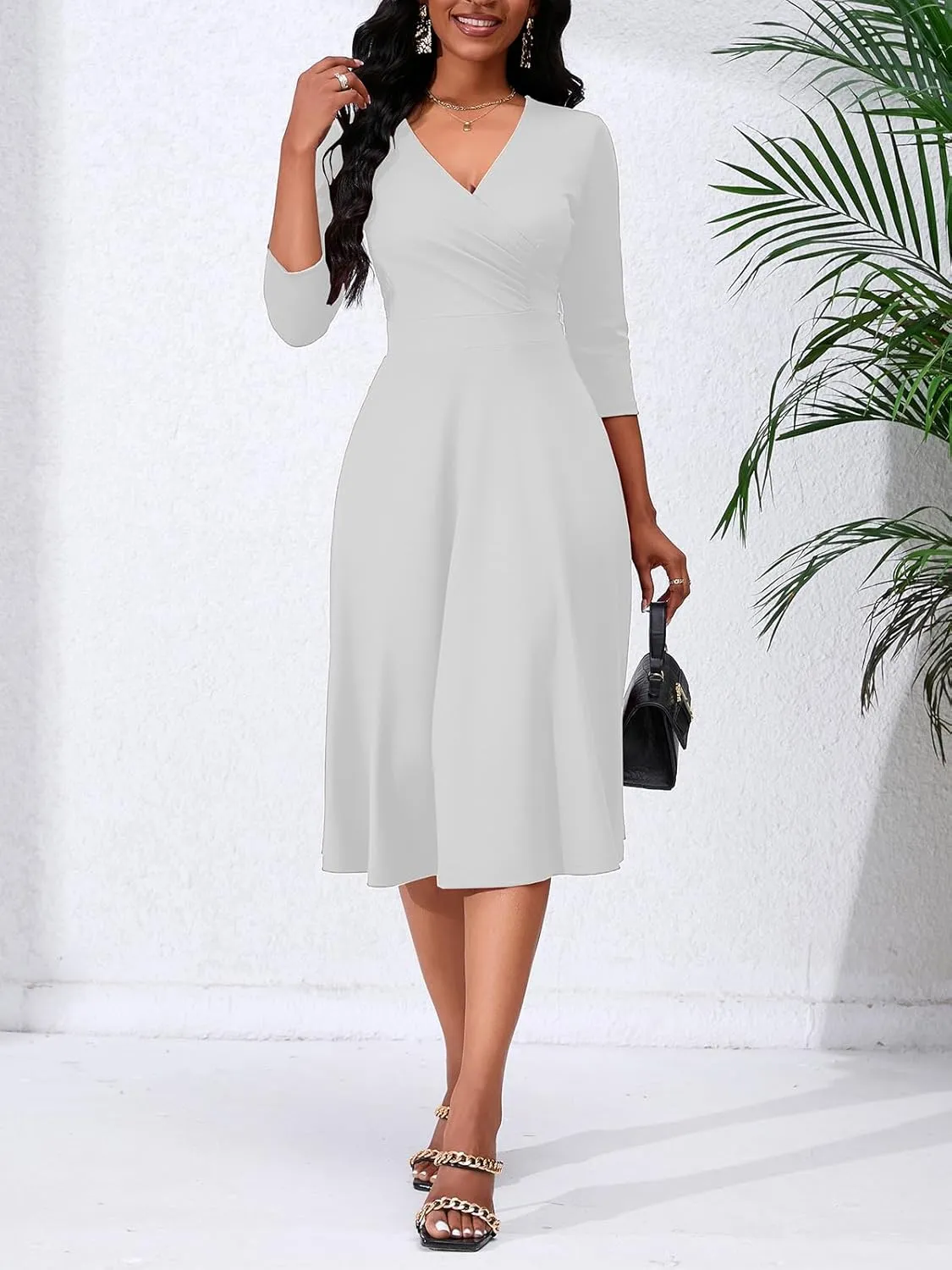 Women's Casual Wrap Flared Midi Dress - A-Line Swing V-Neck 3/4 Sleeve Dress for Wedding Guest & Cocktail Tea Party