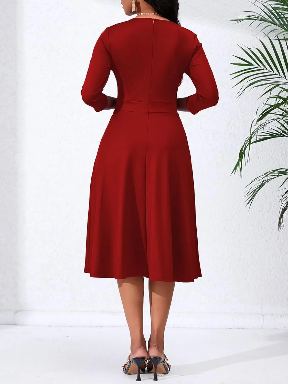 Women's Casual Wrap Flared Midi Dress - A-Line Swing V-Neck 3/4 Sleeve Dress for Wedding Guest & Cocktail Tea Party