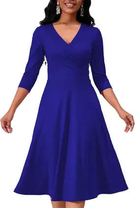 Women's Casual Wrap Flared Midi Dress - A-Line Swing V-Neck 3/4 Sleeve Dress for Wedding Guest & Cocktail Tea Party