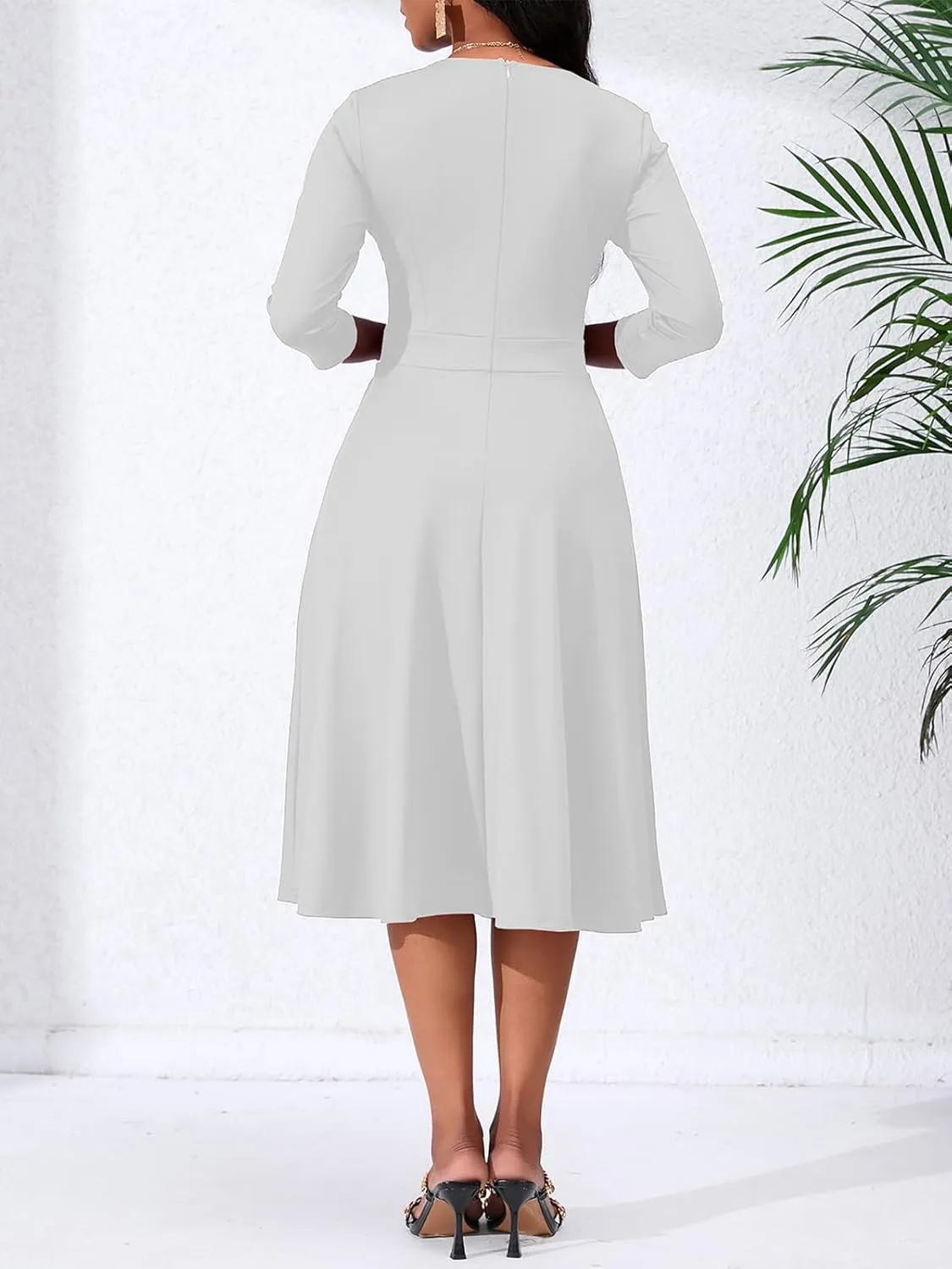 Women's Casual Wrap Flared Midi Dress - A-Line Swing V-Neck 3/4 Sleeve Dress for Wedding Guest & Cocktail Tea Party