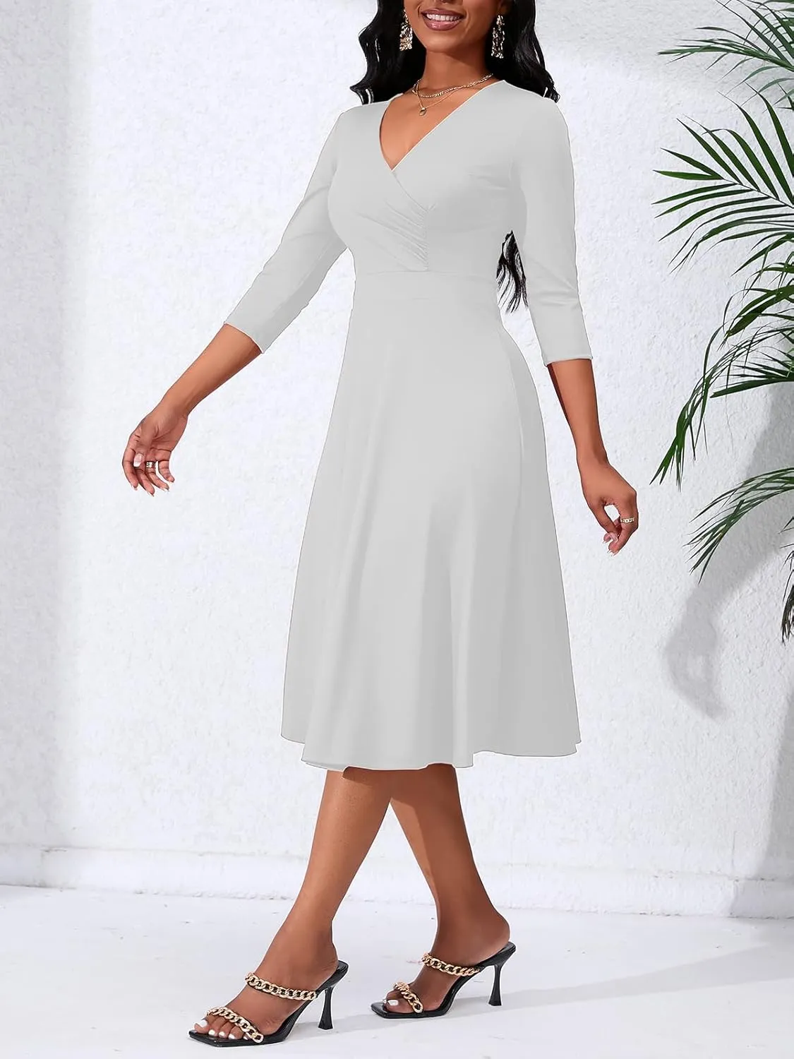 Women's Casual Wrap Flared Midi Dress - A-Line Swing V-Neck 3/4 Sleeve Dress for Wedding Guest & Cocktail Tea Party