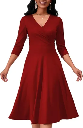 Women's Casual Wrap Flared Midi Dress - A-Line Swing V-Neck 3/4 Sleeve Dress for Wedding Guest & Cocktail Tea Party