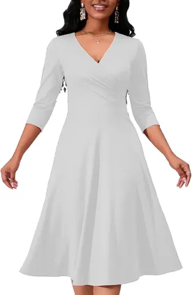 Women's Casual Wrap Flared Midi Dress - A-Line Swing V-Neck 3/4 Sleeve Dress for Wedding Guest & Cocktail Tea Party