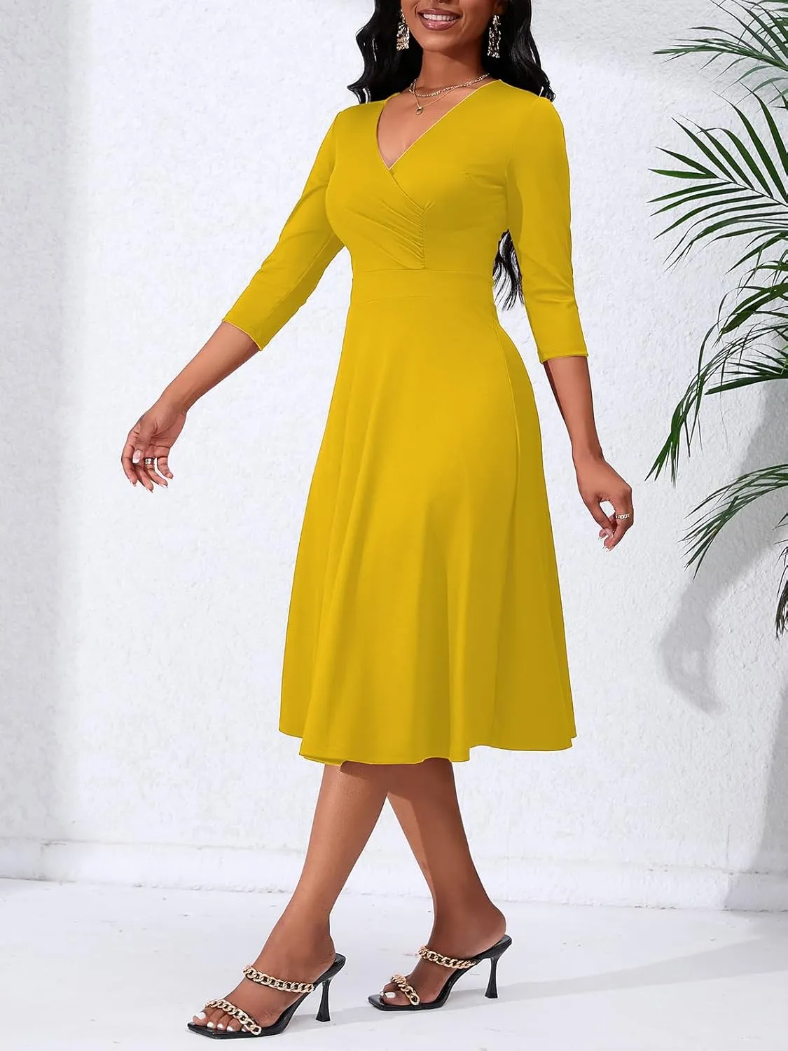 Women's Casual Wrap Flared Midi Dress - A-Line Swing V-Neck 3/4 Sleeve Dress for Wedding Guest & Cocktail Tea Party