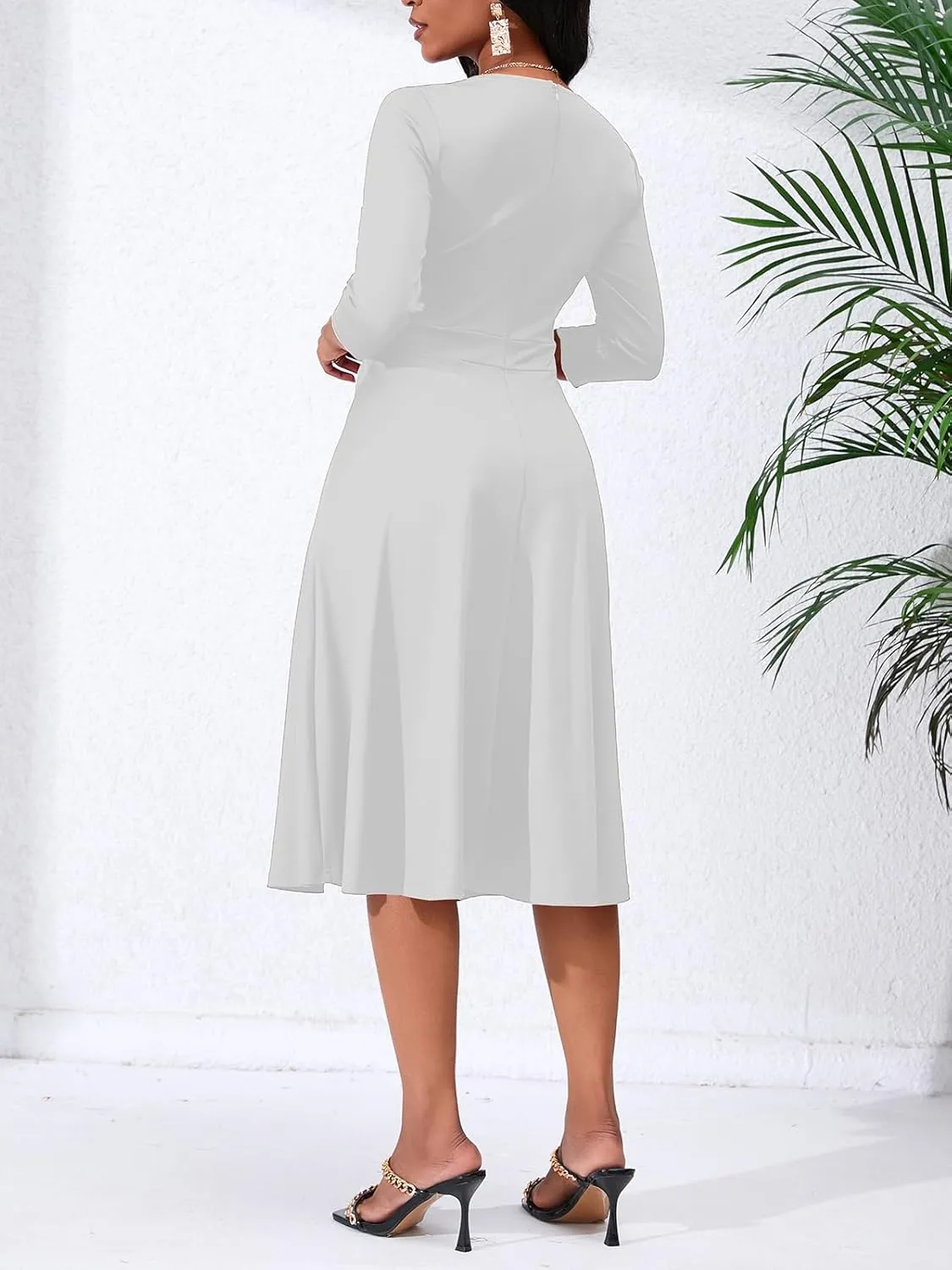 Women's Casual Wrap Flared Midi Dress - A-Line Swing V-Neck 3/4 Sleeve Dress for Wedding Guest & Cocktail Tea Party