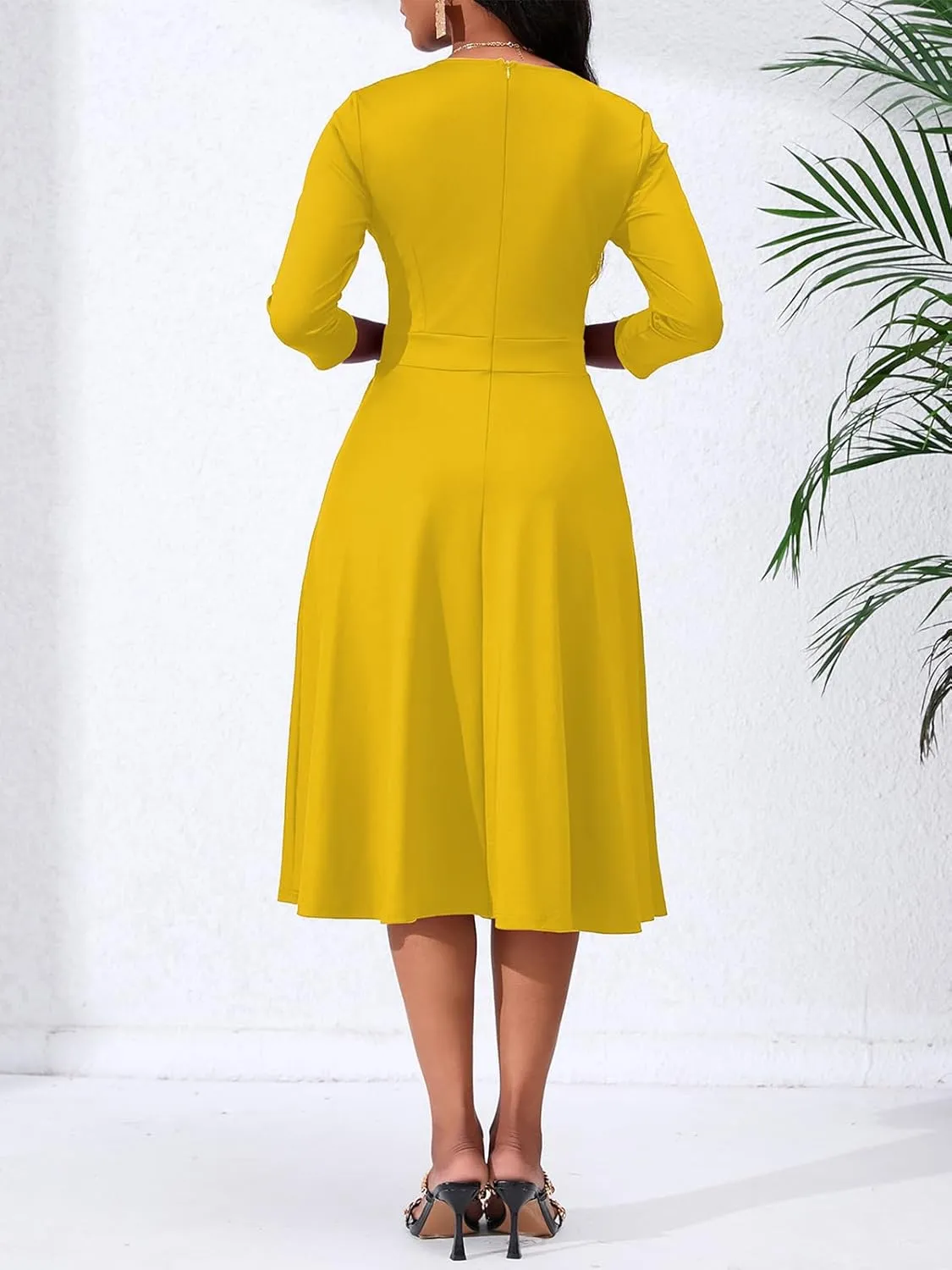 Women's Casual Wrap Flared Midi Dress - A-Line Swing V-Neck 3/4 Sleeve Dress for Wedding Guest & Cocktail Tea Party