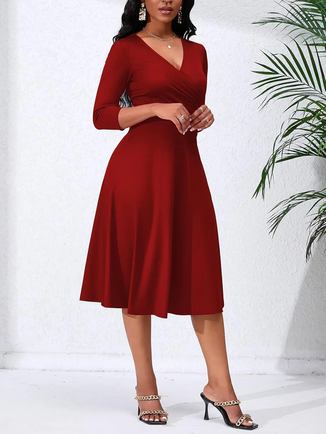 Women's Casual Wrap Flared Midi Dress - A-Line Swing V-Neck 3/4 Sleeve Dress for Wedding Guest & Cocktail Tea Party