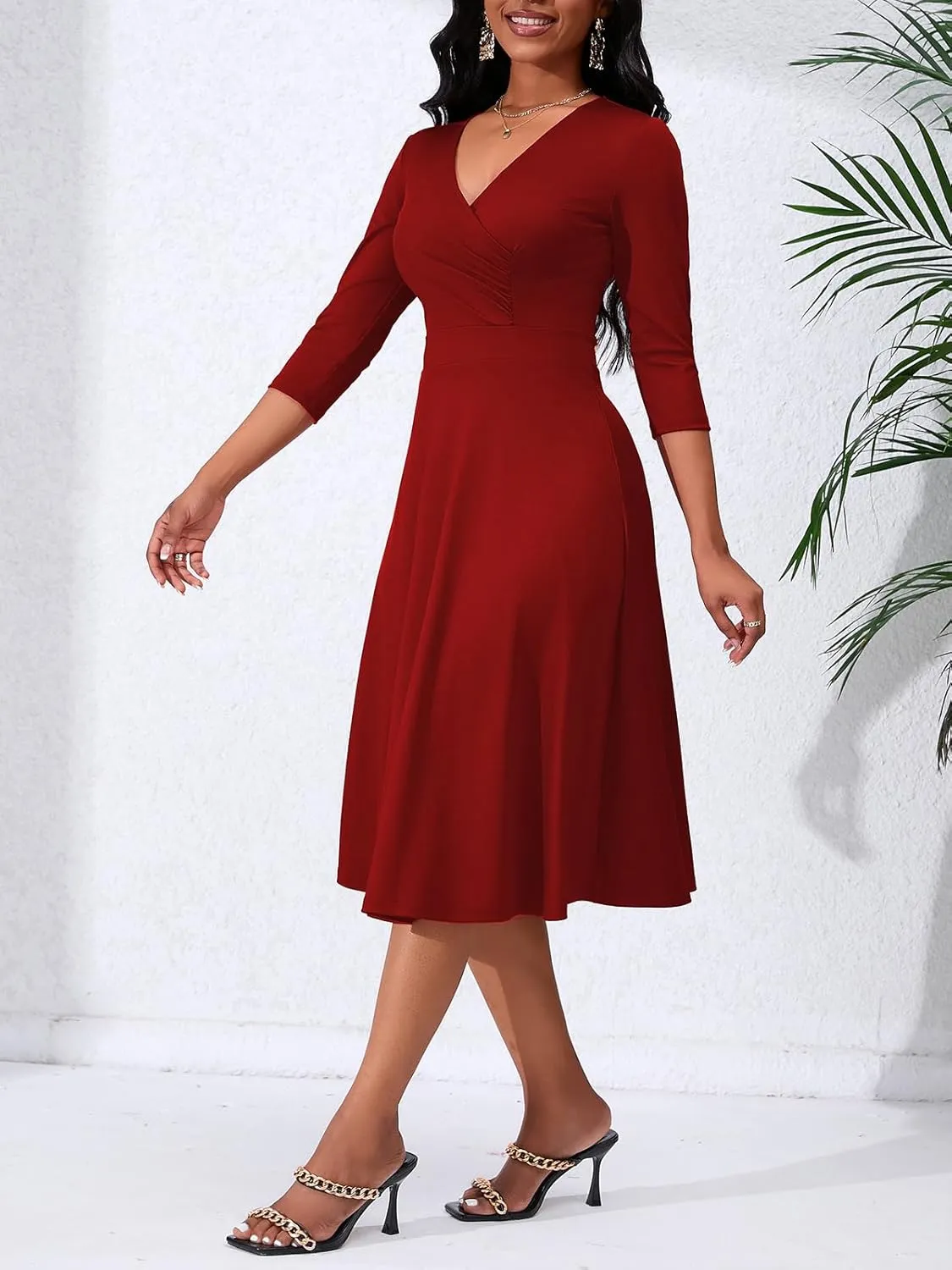Women's Casual Wrap Flared Midi Dress - A-Line Swing V-Neck 3/4 Sleeve Dress for Wedding Guest & Cocktail Tea Party