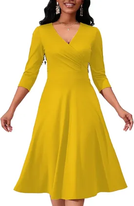 Women's Casual Wrap Flared Midi Dress - A-Line Swing V-Neck 3/4 Sleeve Dress for Wedding Guest & Cocktail Tea Party