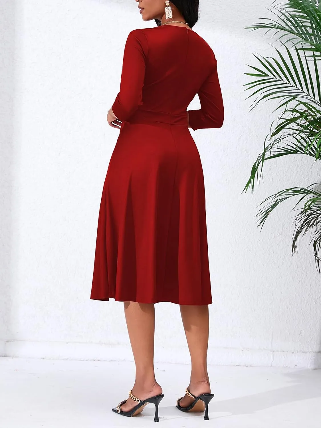 Women's Casual Wrap Flared Midi Dress - A-Line Swing V-Neck 3/4 Sleeve Dress for Wedding Guest & Cocktail Tea Party