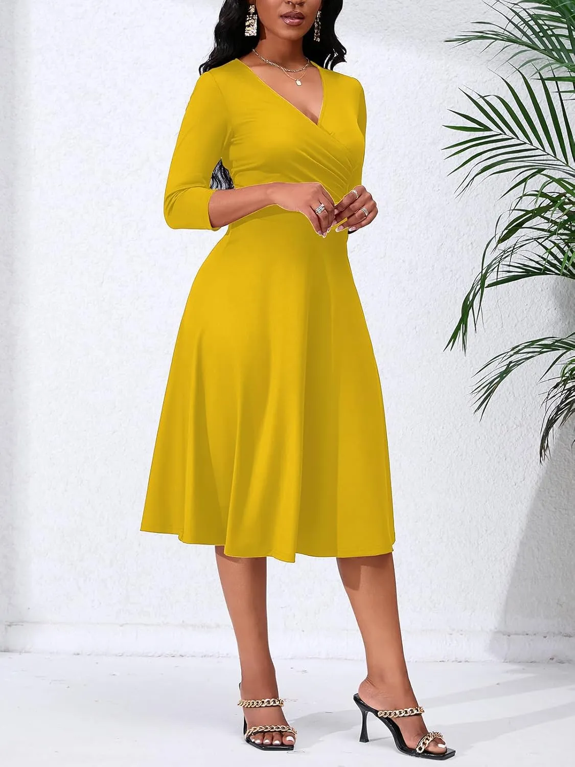 Women's Casual Wrap Flared Midi Dress - A-Line Swing V-Neck 3/4 Sleeve Dress for Wedding Guest & Cocktail Tea Party