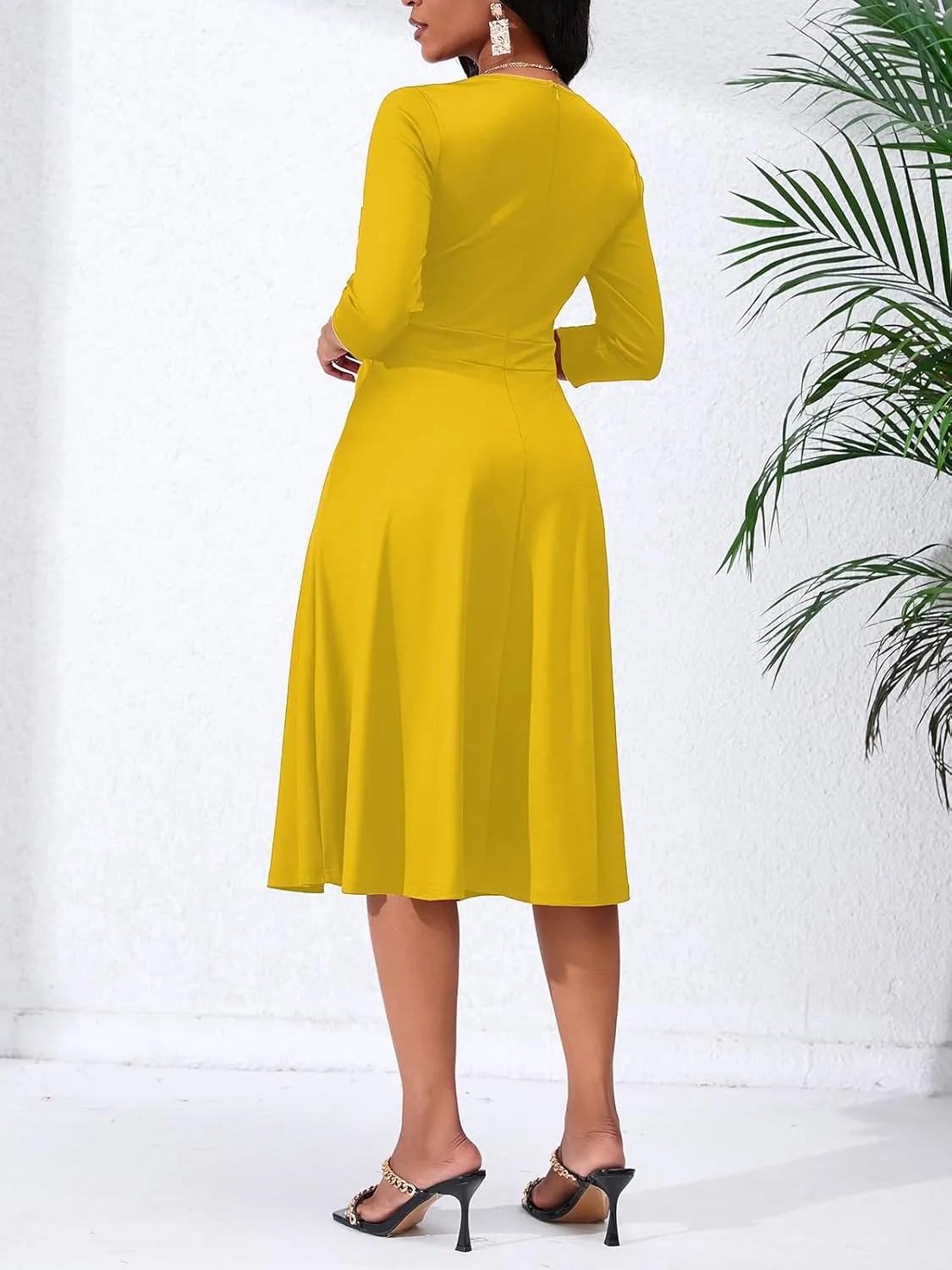 Women's Casual Wrap Flared Midi Dress - A-Line Swing V-Neck 3/4 Sleeve Dress for Wedding Guest & Cocktail Tea Party