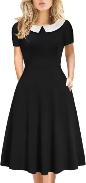 Women's Elegant Vintage Cotton Casual Floral Print Work Party Peter Pan Collar A-Line Dress with Pockets 978