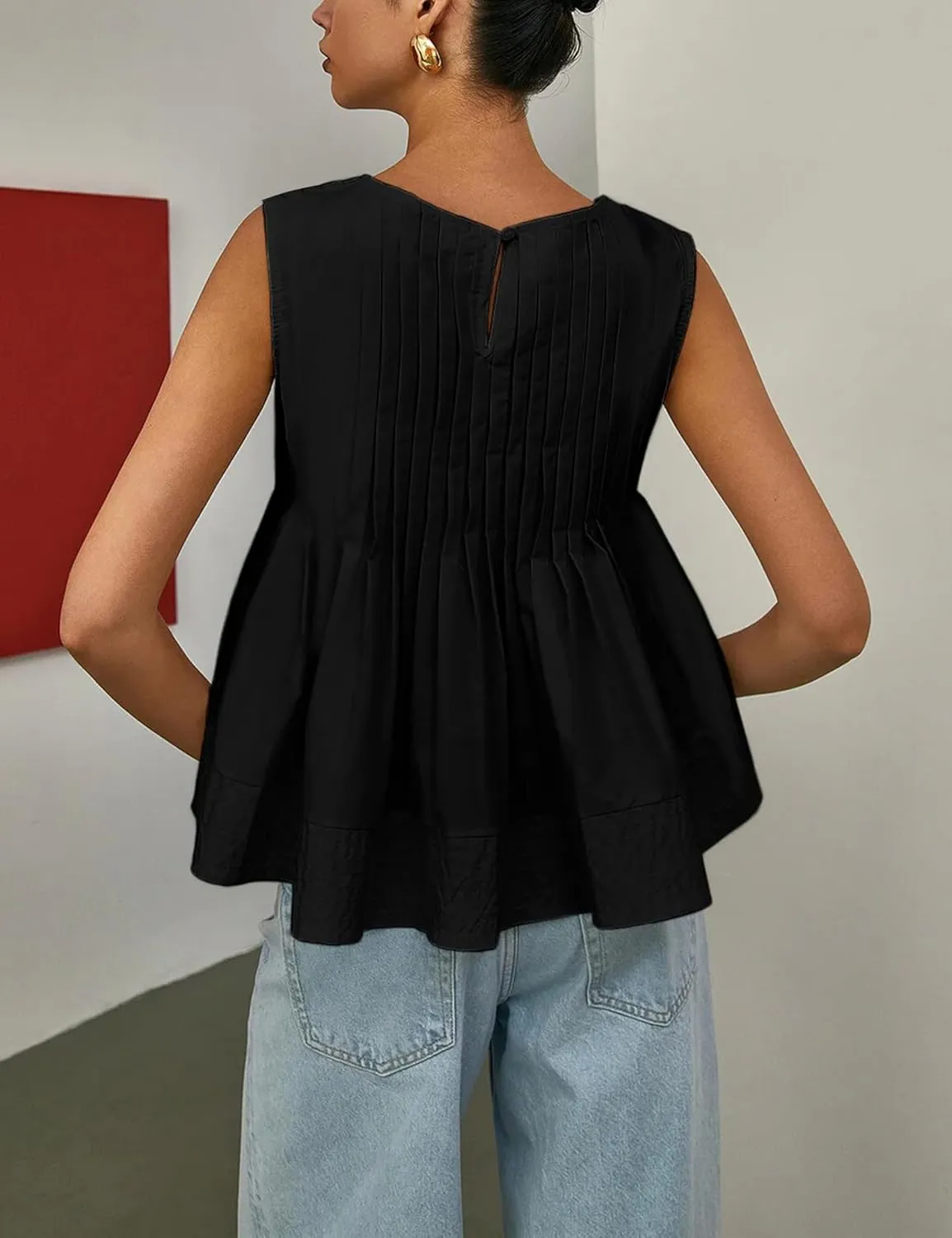 Women's Summer Babydoll Ruffle Tank Tops Pleated Peplum Sleeveless Blouse Round Neck Y2K Shirt