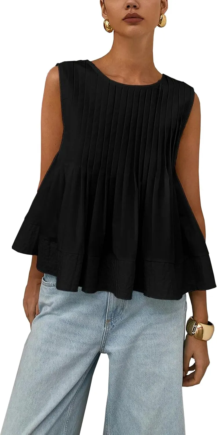 Women's Summer Babydoll Ruffle Tank Tops Pleated Peplum Sleeveless Blouse Round Neck Y2K Shirt