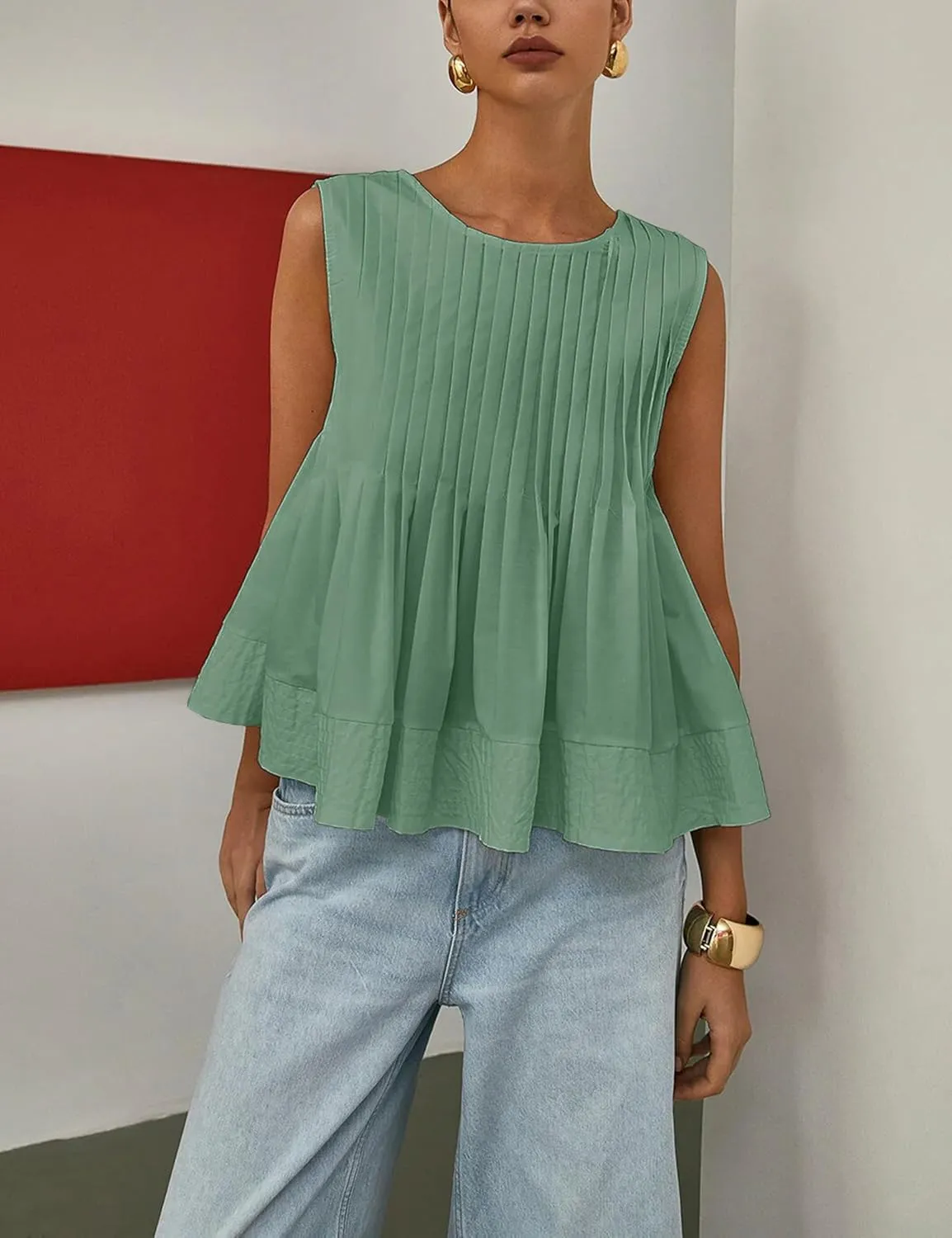Women's Summer Babydoll Ruffle Tank Tops Pleated Peplum Sleeveless Blouse Round Neck Y2K Shirt