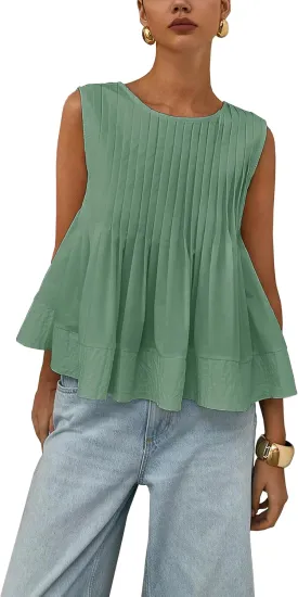Women's Summer Babydoll Ruffle Tank Tops Pleated Peplum Sleeveless Blouse Round Neck Y2K Shirt