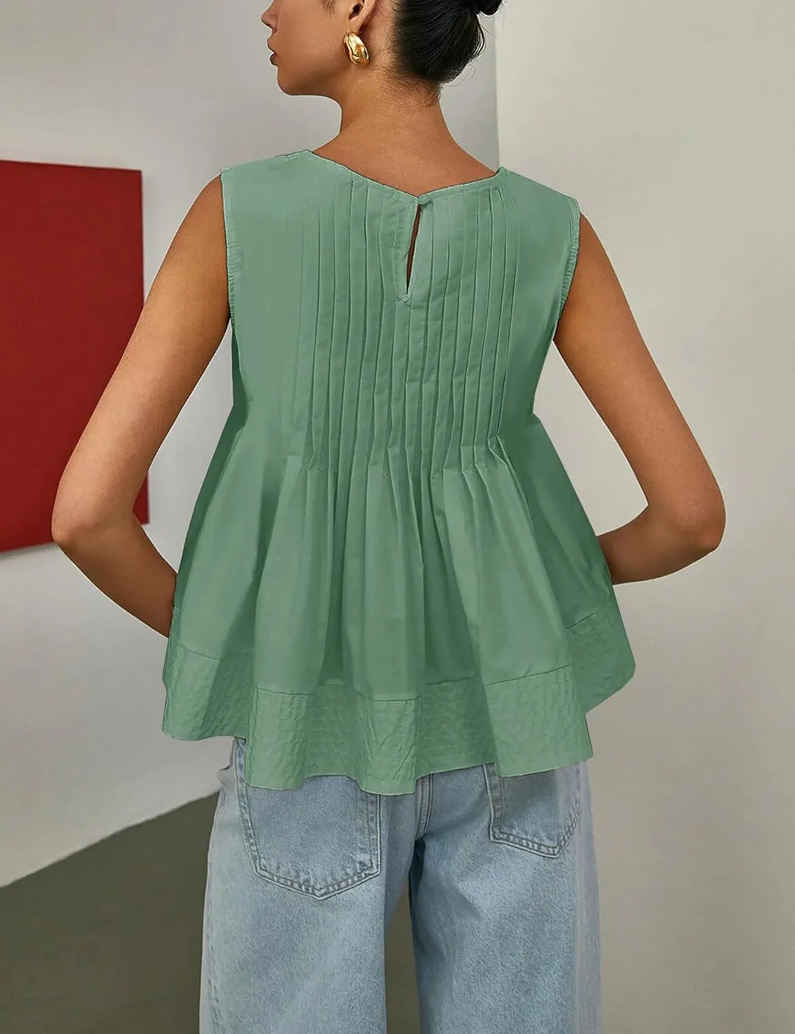 Women's Summer Babydoll Ruffle Tank Tops Pleated Peplum Sleeveless Blouse Round Neck Y2K Shirt