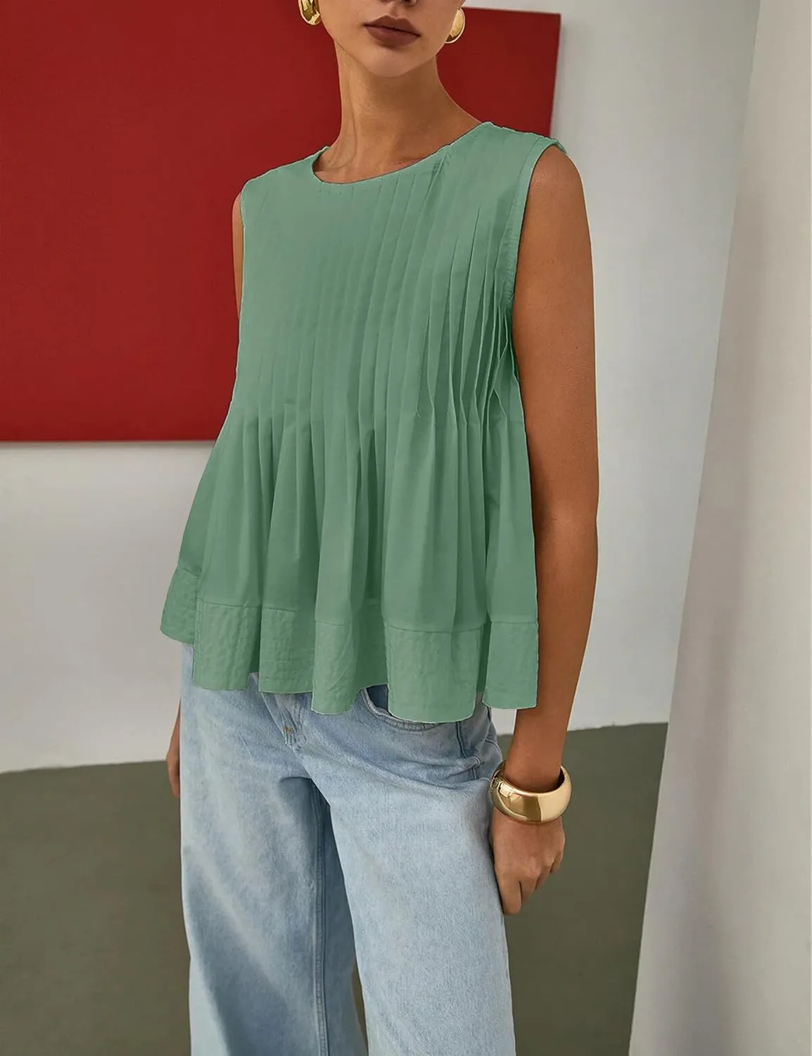 Women's Summer Babydoll Ruffle Tank Tops Pleated Peplum Sleeveless Blouse Round Neck Y2K Shirt