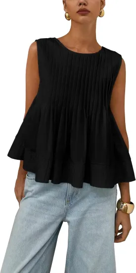 Women's Summer Babydoll Ruffle Tank Tops Pleated Peplum Sleeveless Blouse Round Neck Y2K Shirt