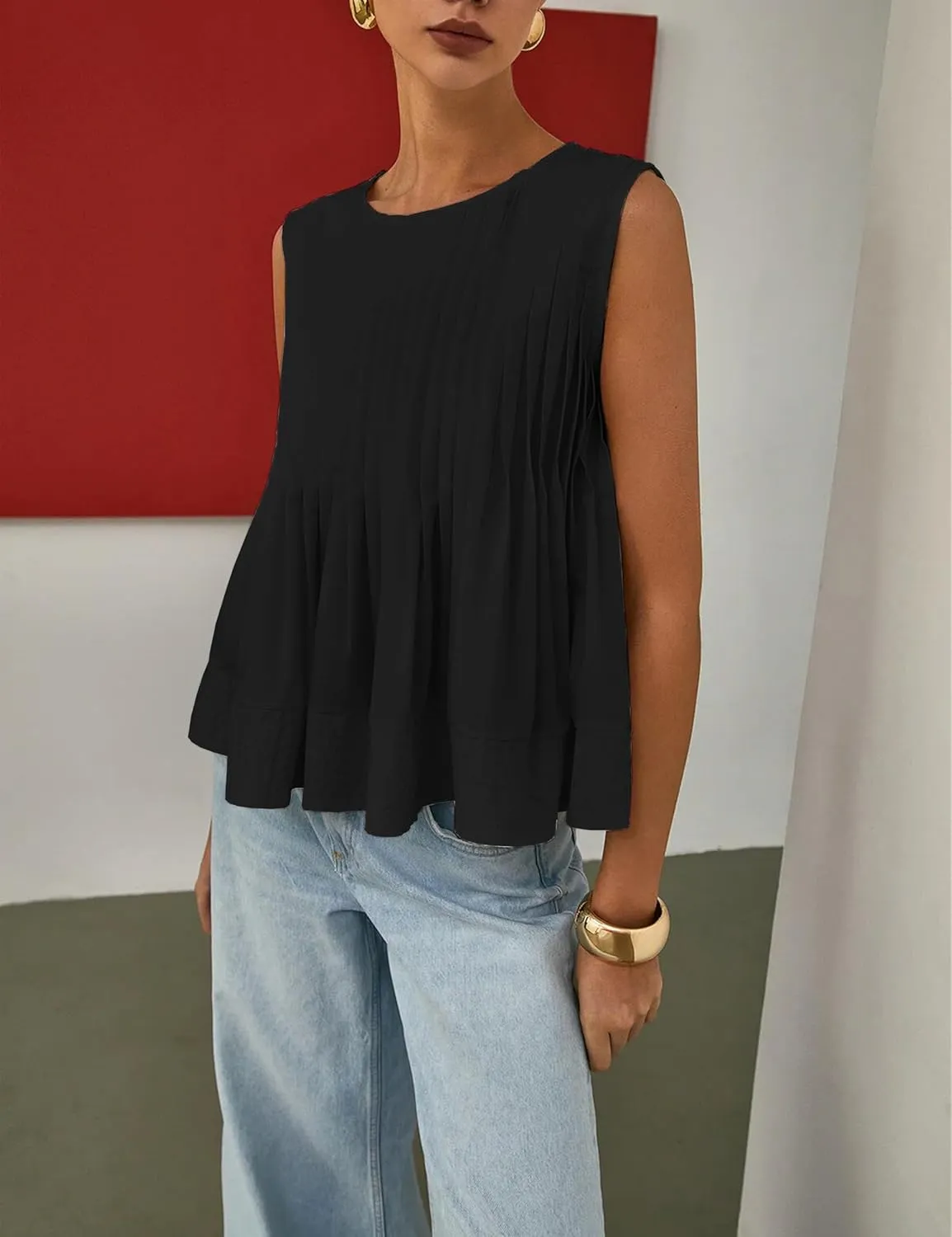 Women's Summer Babydoll Ruffle Tank Tops Pleated Peplum Sleeveless Blouse Round Neck Y2K Shirt