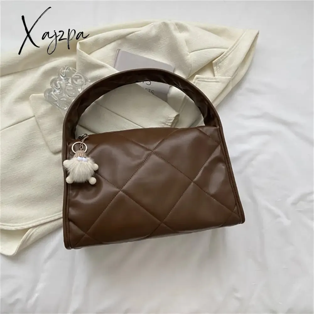 Xajzpa - Trend Quilted Plaid Design Women's Handbag Soft PU Leather Shoulder Side Bags for Women 2023 Fall Cute Totes Large Capacity New
