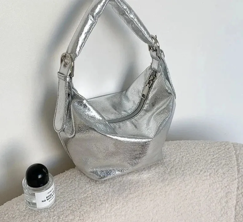 Y2K Style Silver PU Leather Small Underarm Bags for Women Korean Fashion Handle Shoulder Hobo Bag Handbags and Purses