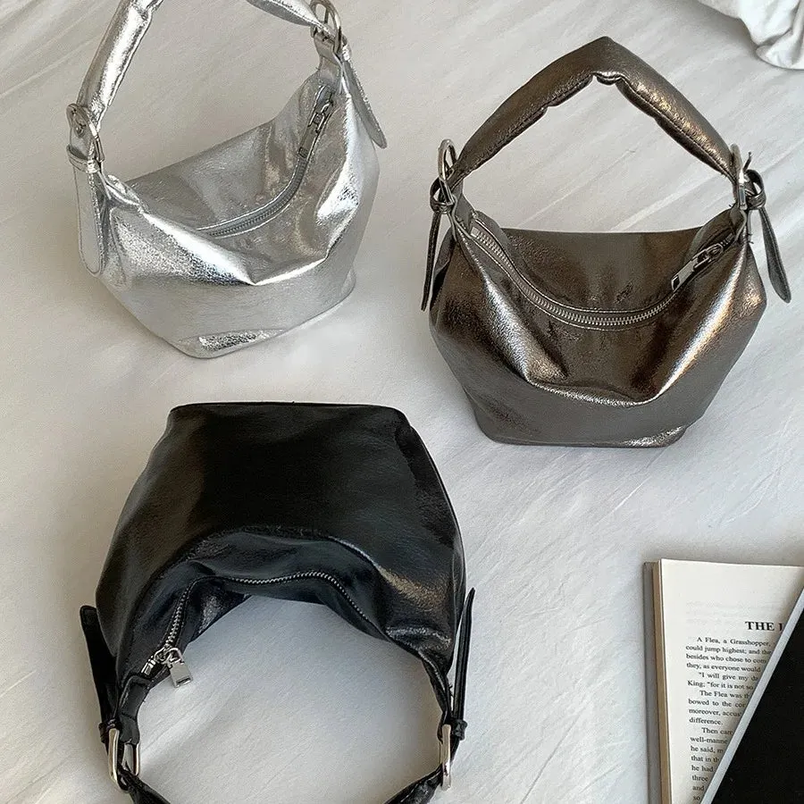 Y2K Style Silver PU Leather Small Underarm Bags for Women Korean Fashion Handle Shoulder Hobo Bag Handbags and Purses