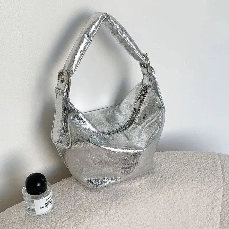 Y2K Style Silver PU Leather Small Underarm Bags for Women Korean Fashion Handle Shoulder Hobo Bag Handbags and Purses