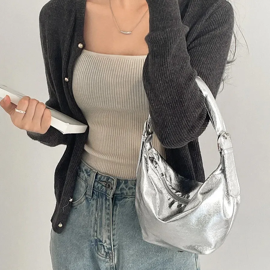 Y2K Style Silver PU Leather Small Underarm Bags for Women Korean Fashion Handle Shoulder Hobo Bag Handbags and Purses