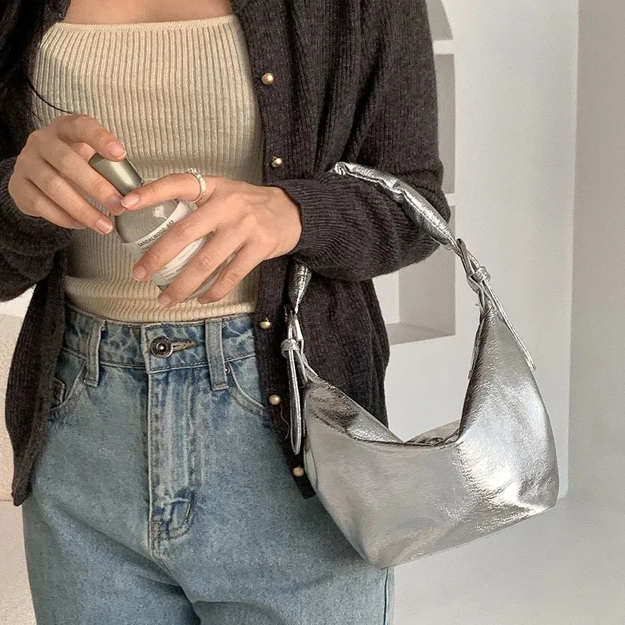 Y2K Style Silver PU Leather Small Underarm Bags for Women Korean Fashion Handle Shoulder Hobo Bag Handbags and Purses