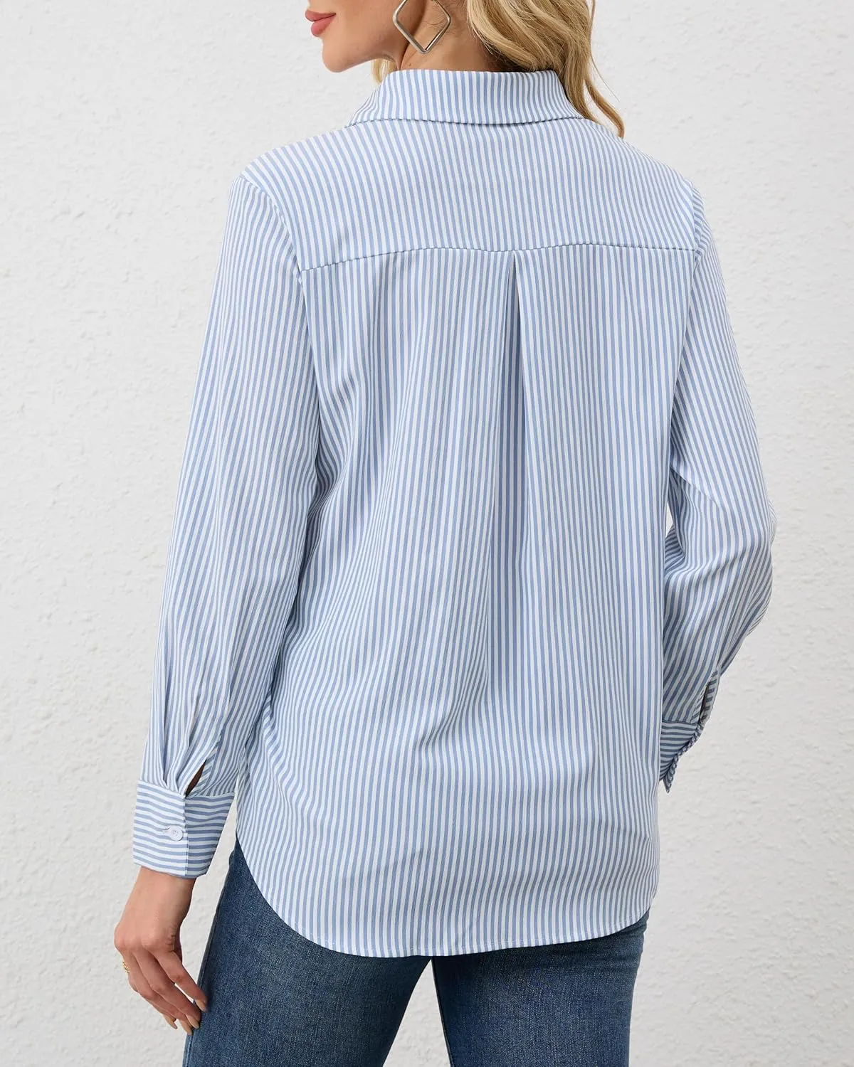 YAMANMAN Women's Button Down Shirts Casual Long Sleeve Stylish Collared Blouses V Neck Work Office Tops