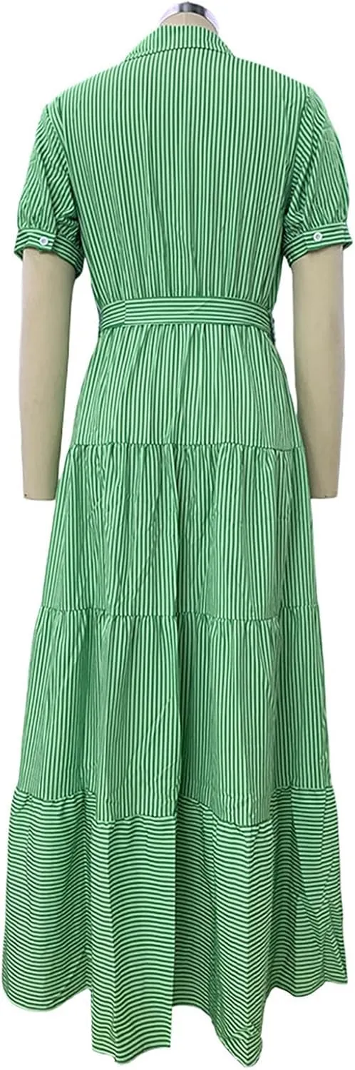 Yuopeid Women's Fashion Striped Print Shirt Long Dress Short Sleeve Button Down with Belt Tiered Casual Party Maxi Dress