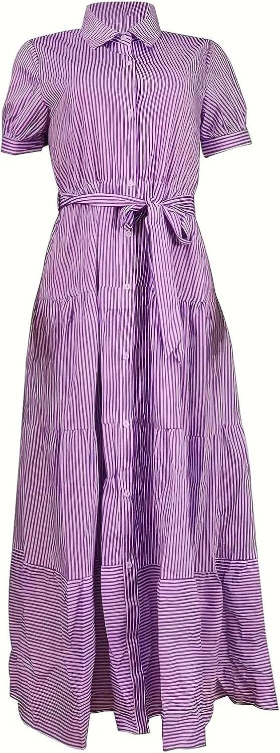 Yuopeid Women's Fashion Striped Print Shirt Long Dress Short Sleeve Button Down with Belt Tiered Casual Party Maxi Dress