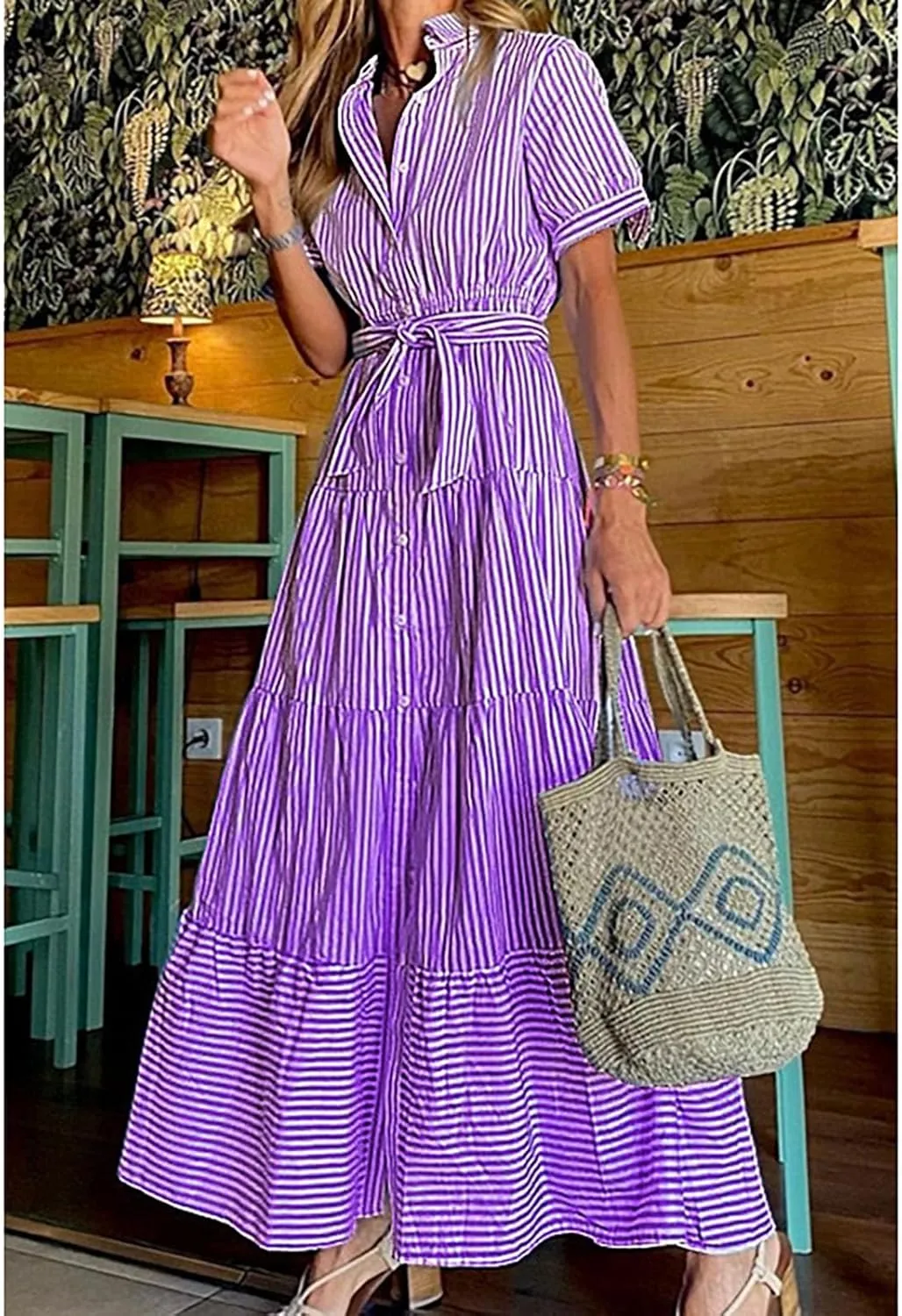 Yuopeid Women's Fashion Striped Print Shirt Long Dress Short Sleeve Button Down with Belt Tiered Casual Party Maxi Dress